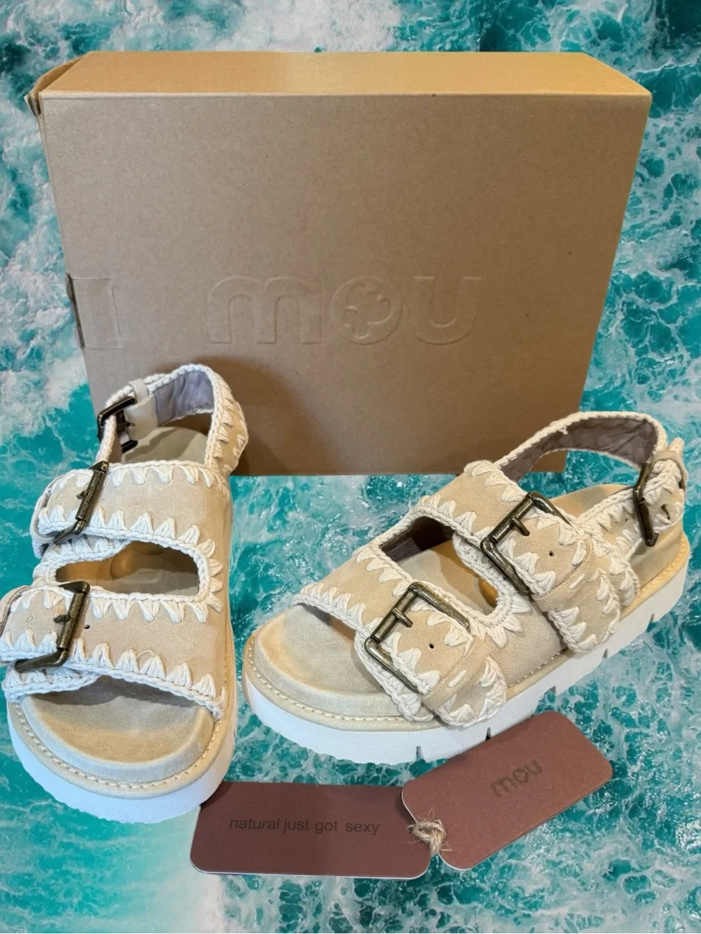 NIB MOU Bio Crochet Suede Buckle Sandals Platform Footbed Slingback Size 39